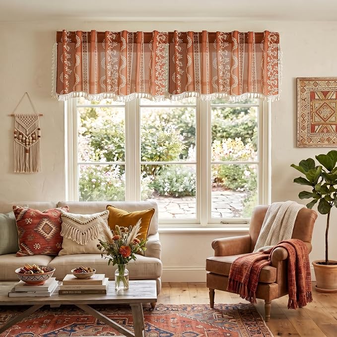 Boho Valances for Windows, Rustic Farmhouse Vintage Floral Sheer Valance Curtains for Small Window Kitchen Bathroom Living Room, 16" Long Rust Red
