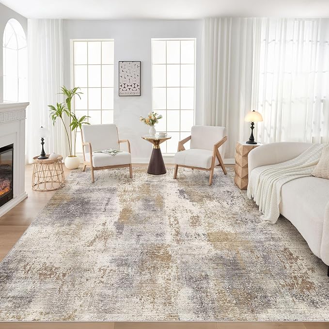DMOYEST Area Rug Living Room Rugs - 9x12 Washable Large Soft Indoor Neutral Modern Abstract Low Pile Rug Carpet for Bedroom Dining Room Farmhouse Home Office - Brown Grey
