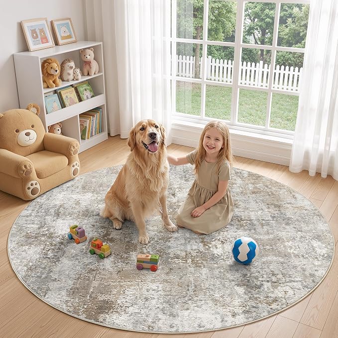 WITSHOCK Area Rugs 6ft Round Living Room Rug - Washable Neutral Soft Low Pile Non-Slip Modern Abstract Thin Large Indoor Carpet for Bedroom Dining Room Nursery Office - Light Brown Grey