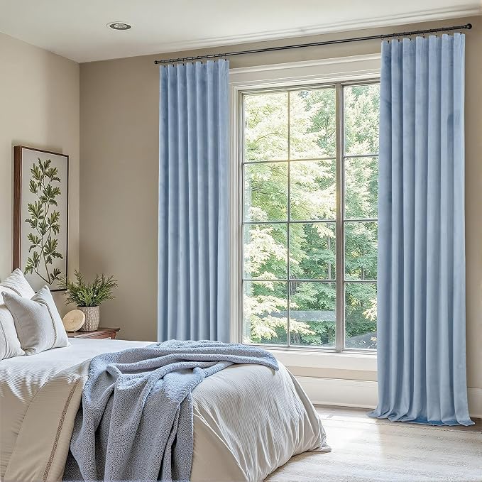Dusty Blue Velvet Curtains 84 Inches Long 2 Panel Back Tab Rod Pocket Thermal Insulated Room Darkening Stone Light Blue Blackout Curtain for Living Room Bedroom Floor Length Slate Grey Blue Gray Drape