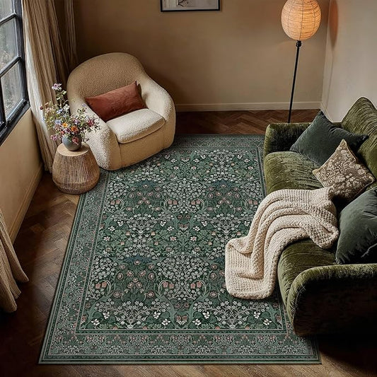 HUGEAR Vintage Floral Machine Washable 5x7 Area Rugs Green Living Room Bedroom Rug Retro Neutral Stain Resistant Non Slip Low Pile Throw Carpet for Office Dining Aesthetic Modern Decor