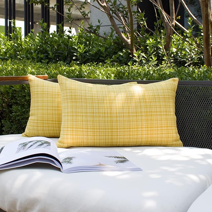 Kevin Textile Outdoor Waterproof Throw Pillow Covers 14x24 Inch Pack of 2 Woven Faux Linen Farmhouse Decorative Water Resistant Lumbar Cushion Covers for Tent Patio Garden Couch Sofa Yellow