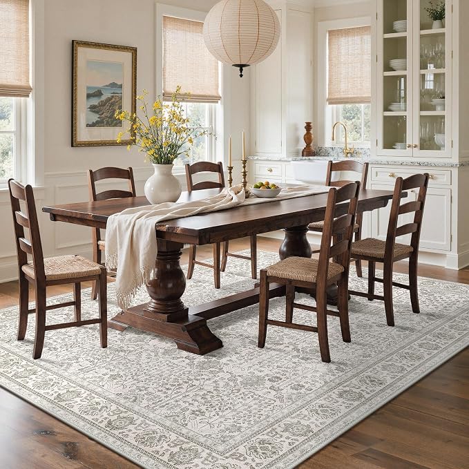 Bavni Washable Rugs 4x6 Machine Washable Rug Lightweight Low Pile, Vintage Floral Rug Non-Shedding Distressed Throw Carpet for Living Room Bedroom Office, Light Grey
