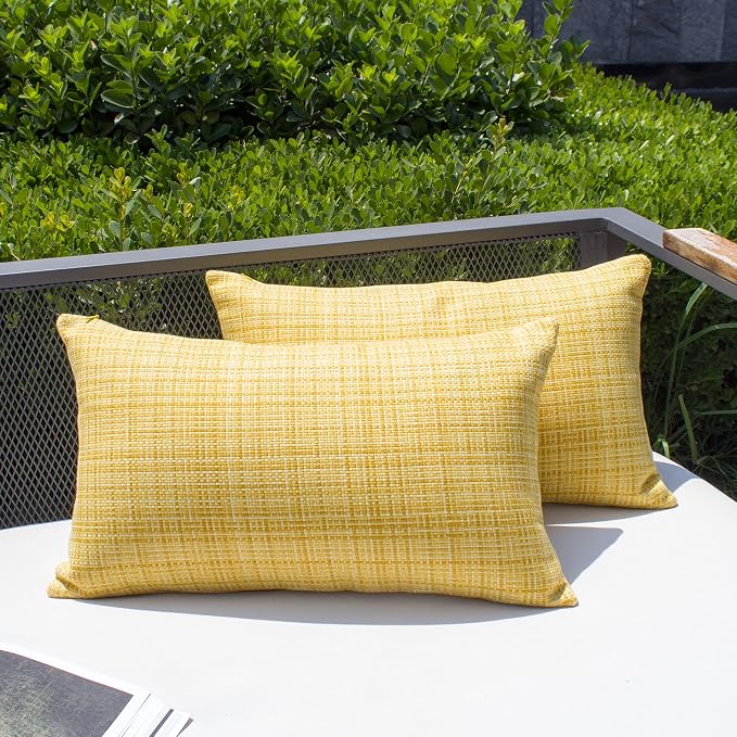 Kevin Textile Pack of 2 Decorative Outdoor Waterproof Throw Pillow Covers Lumbar Pillowcases Modern Cushion Cases for Patio Couch Bench 12 x 20 Inch Yellow