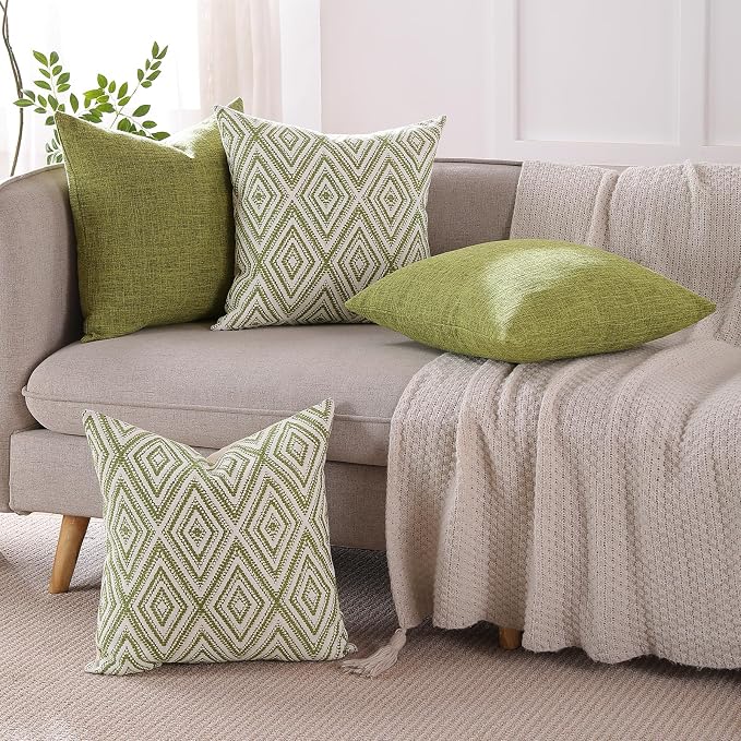 HPUK Throw Pillow Covers 18x18 Inch Set of 4, Linen Decorative Pillow Covers, Accent Cushion Covers for Couch Sofa Bed Bedroom Living Room Décor, Green
