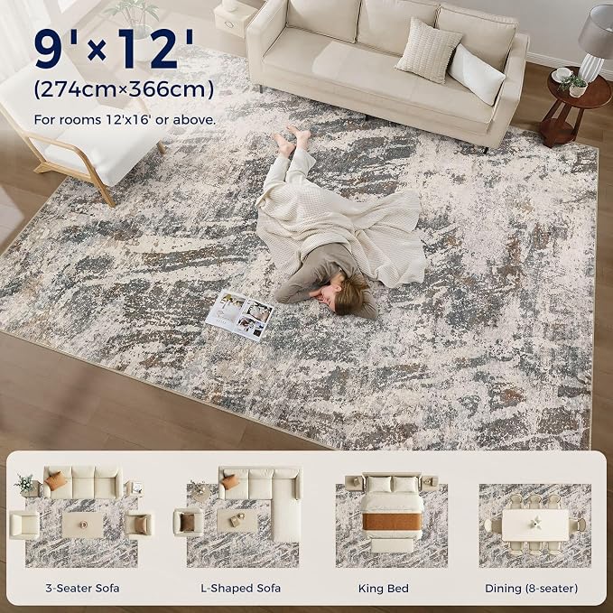 DMOYEST Area Rug Living Room Rugs - 9x12 Large Soft Indoor Neutral Modern Abstract Low Pile Washable Rug Carpet for Bedroom Dining Room Farmhouse Home Office-Dark Brown/Grey