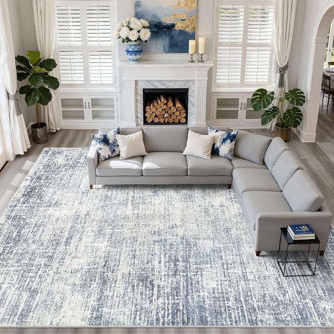 10x13 Area Rug Living Room: Washable Large Neutral Blue Rug Abstract Soft Modern Stain Resistant Indoor Floor Non-Slip Carpet for Bedroom Nursery Kids Office Playroom Dining Room Under Table Home