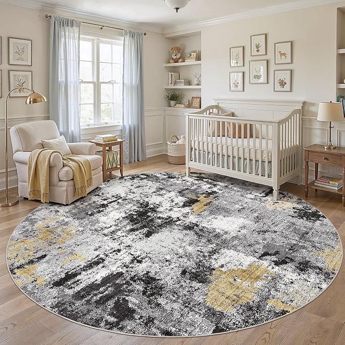 Abstract 10FT Round Rug: Machine Washable Non Slip Ultra Thin Low-Pile Carpet, Soft Stain Resistant for Living Dining Room Bedroom, Kid Pet Friendly, Robot Vacuum Compatible - Black Gold