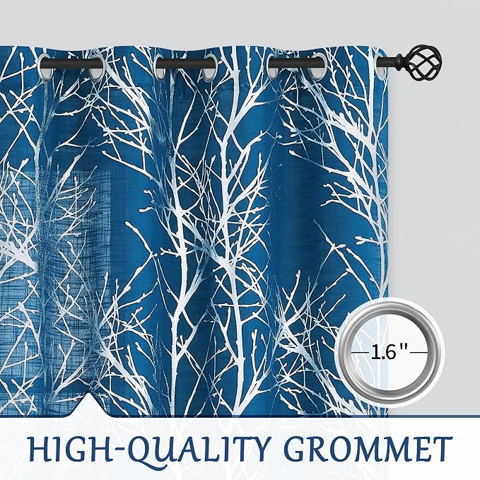 FMFUNCTEX Linen Semi Sheer Curtains for Bedroom & Living Room, Silver Metallic Print Navy Blue Tree Panel, Light Filtering, 63 Inches Long, 2 Panels