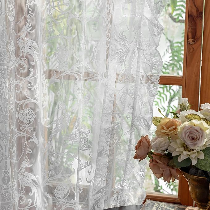 TUDECO White Sheer Curtains 72 Inch Length - French Ruffle Embroidered Lace Curtains for Doorway Room Divider for Room Separation Rod Pocket Victorian Decor Privacy Drapes, 1 Pair, 59 x 72 Inch