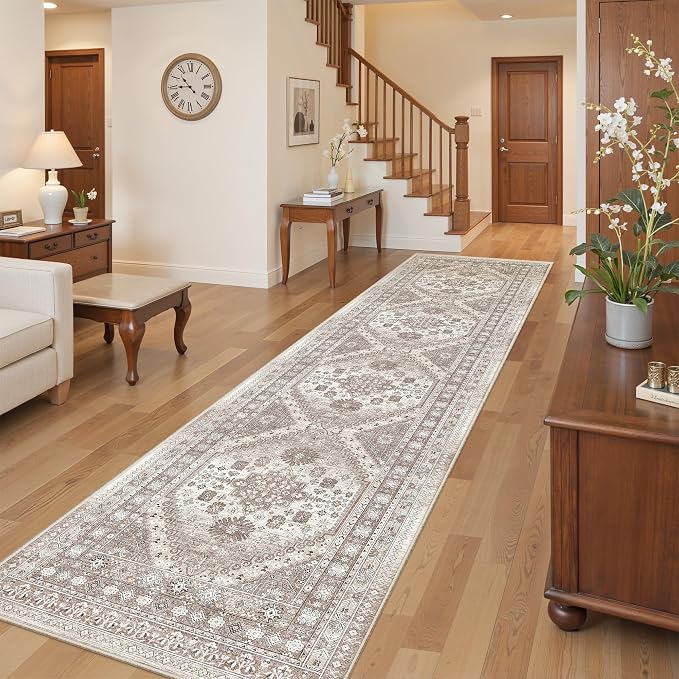 2'6" x 10'Non Slip Runner Rugs - Runners for hallways, Kitchen,Entryway,Stain Resistant Washable Rugs for Bedroom, Indoor Vintage Area Rugs (Brown/Beige,2'6" x 10')