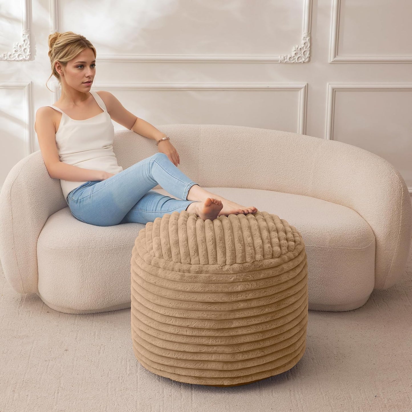 HIGOGOGO Round Stuffed Pouf Ottoman, Stripe Faux Fur Poufs with Foam Chunk Filling, Furry and Fluffy Pouf Foot Stool Storage Ottoman, 26 X 18 Floor Poufs Foot Rest for Living Room, Brown