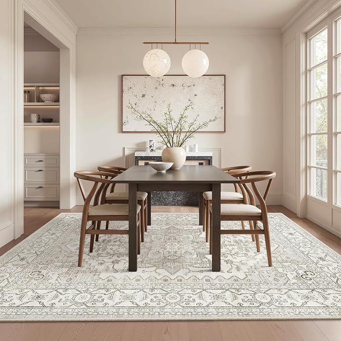 Washable 7x9 Area Rug for Living Room,Vintage Floral Large Rugs with Non Slip Backing Stain Resistant Carpet for Bedroom Indoor Soft Carpets Home Decor,Beige