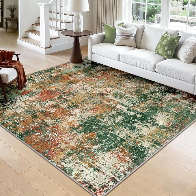 RELEANY Washable Area Rugs Square 8ft Non-Slip Modern Abstract Soft for Living Room Entryway Bedroom Kitchen, Print Pattern, Green Orange Rust Red Cream Colorful