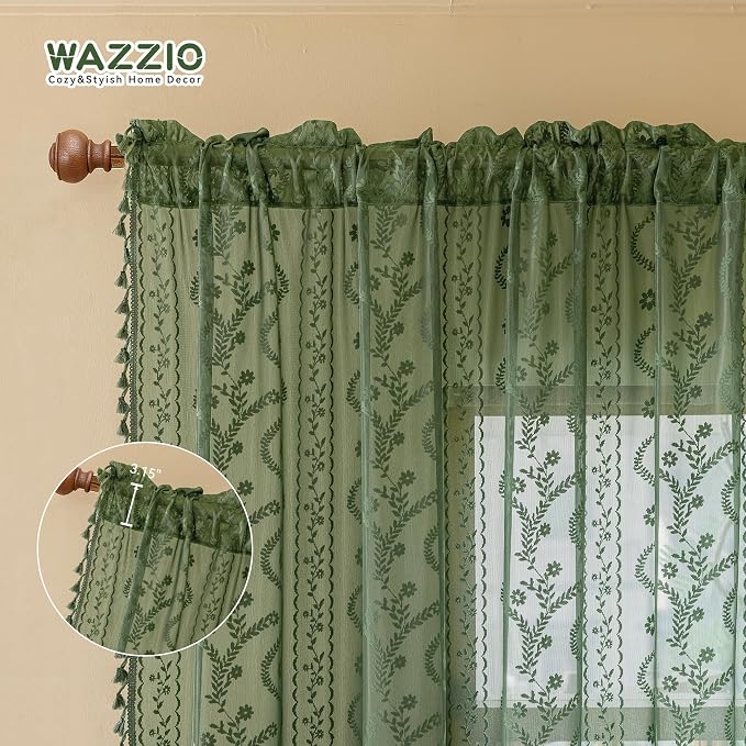 WAZZIO Boho Lace Curtains 2 Panels 84 Inches -Vintage Victorian Sheer Panel Drape French Country Floral Pattern & Tassel Light Filtering Privacy for Bedroom Dining Living Room,Dark Sage Green,W52x L84