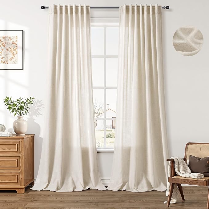 Aersas Boho Linen Curtains 96 Inches Length for Living Room Flax Texture Wave Fabric Semi Sheer with Rod Pocket Back Tab for Bedroom Balcony Light Filtering Neutral Home Decor 52x96