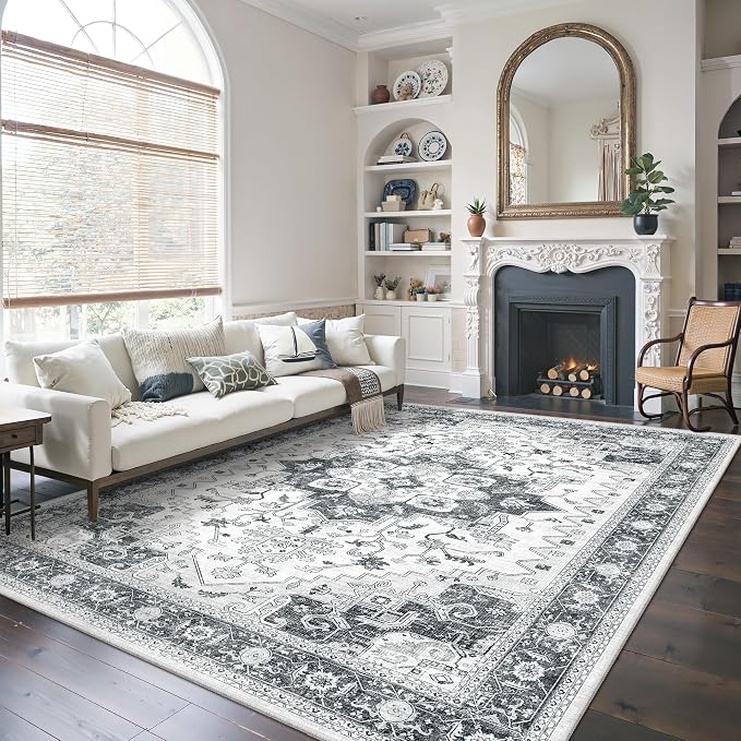 befbee Washable Area Rug 5x7, Area Rugs Stain Resistant Neutral Washable Rugs for Living Rooms Bedroom Vintage Non-Slip Thin Large Size Area Rug（Grey）