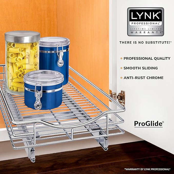LYNK PROFESSIONAL® Pull Out Cabinet Organizer, 11" x 18" Slide Out Cabinet Organizer Pull Out Drawer – Pull Out Shelves for Kitchen Cabinets – Under Sink Organizers - Lifetime Ltd. Warranty, Chrome