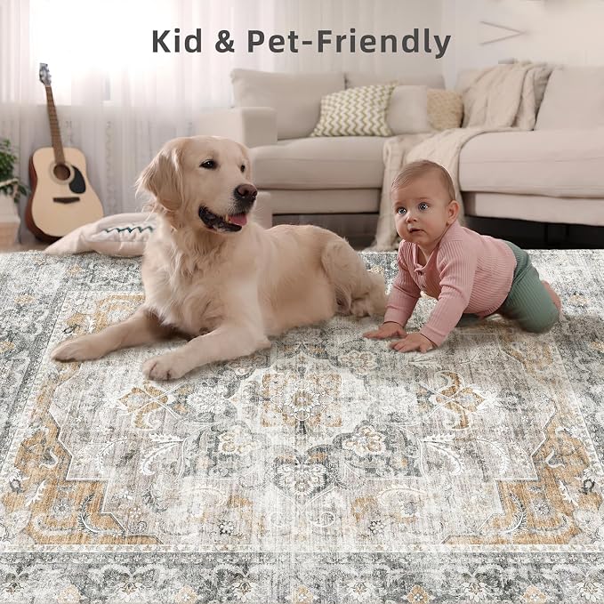 8x10 Area Rugs for Living Room: Washable Rug for Bedroom Non Slip Low Pile Soft Faux Wool Non Shedding Vintage Boho Large Carpet Rug for Dining Room Kitchen Nursery Under Table Farmhouse Office Indoor