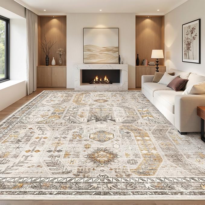 befbee 10x14 Area Rugs,Ultra-Thin Washable Rugs for Living Room,Non-Slip Lightweight Foldable Area Rug,Stain Resistant Vintage Large Rugs (Brown/Gold, 10'x14')