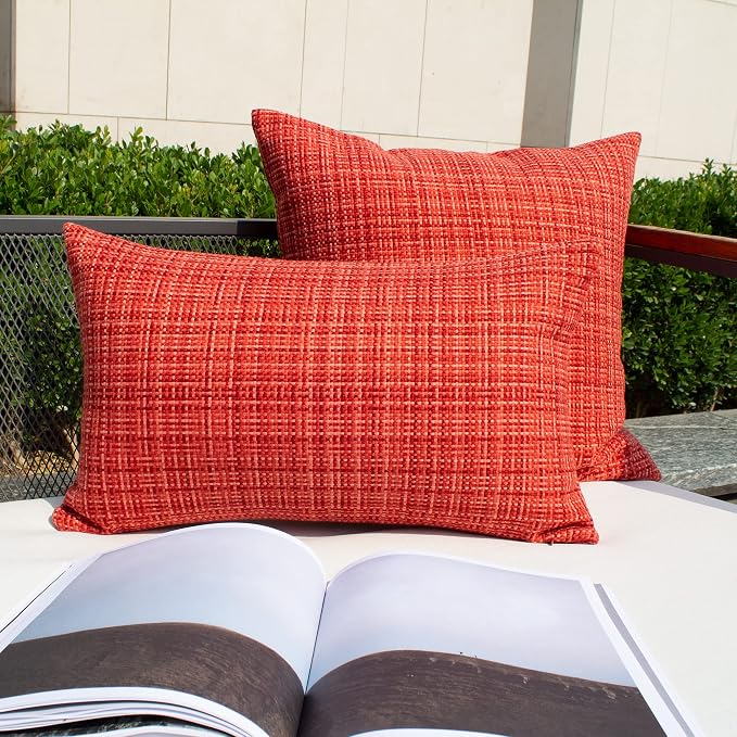 Kevin Textile Outdoor Waterproof Throw Pillow Covers 12x24 Inch Pack of 2 Woven Faux Linen Farmhouse Decorative Water Resistant Lumbar Cushion Covers for Tent Patio Garden Couch Sofa Red