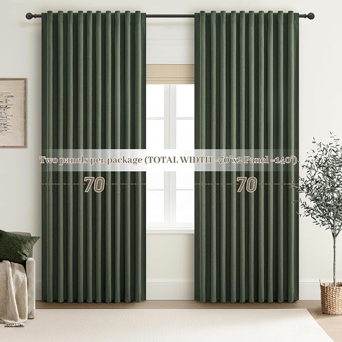 Dark Olive Green Curtains 70 Inch Length Extra Wide Pleated Black Out 84 Inch Long for Living Room, Linen Thick Sliding Glass Door Heavy Duty Insulated Large Window Drapes (70"Wx84"Lx 2Panels Loden)