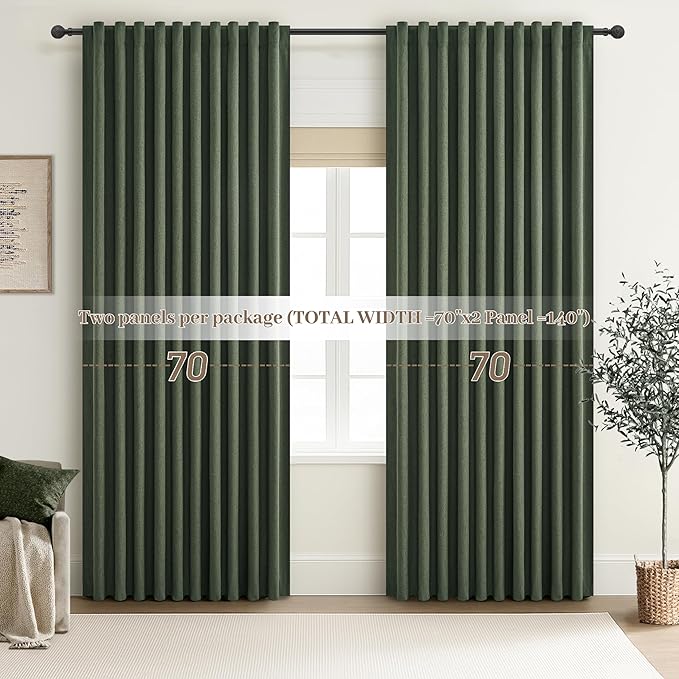 Dark Olive Green Curtains 70 Inch Length Extra Wide Pleated Black Out 90 Inch Long for Living Room, Linen Thick Sliding Glass Door Heavy Duty Insulated Large Window Drapes (70"Wx90"Lx 2Panels Loden)