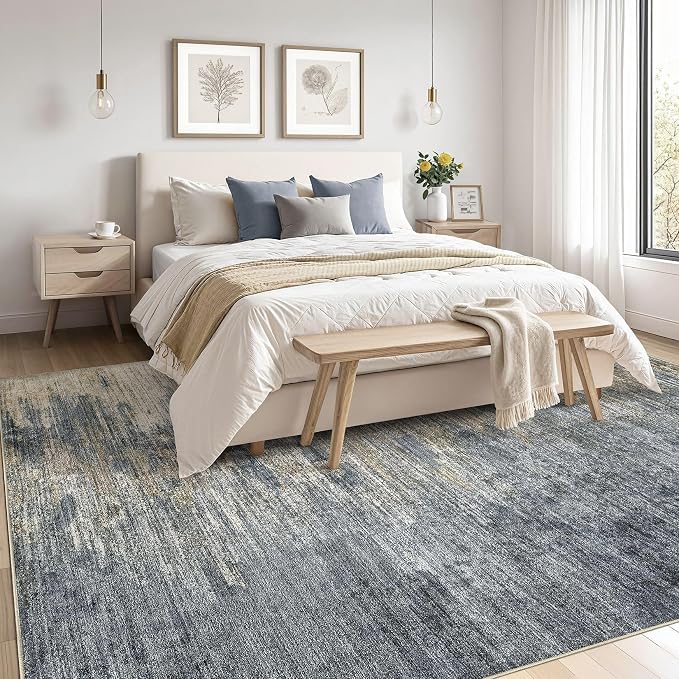 Area Rugs 8x10 Living Room: Washable Large Abstract Modern Neutral Soft Rug Stain Resistant Non-Slip Backing Carpet for Bedroom Dining Room Indoor Nursery Dorm Home Office Decor - Blue Gold