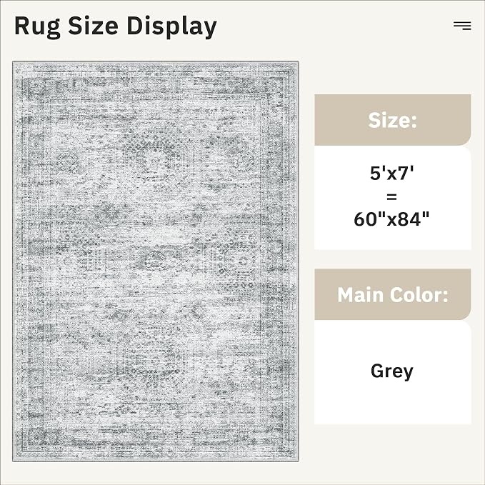 Soalmost 5x7 Area Rugs Gray Low Pile Indoor Washable Trendy Faded Style Rugs for Bedroom Living Room Dining Room Foldable Non-Slip Thin Grey Print Mat
