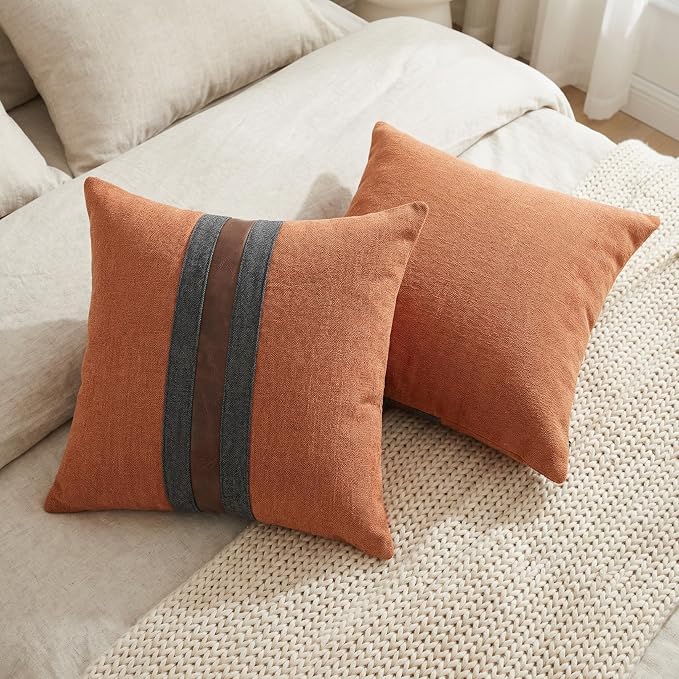 Set of 2 Leather Throw Pillow Covers Cotton Linen Decor Patchwork Pillow Cover Faux Leather Pillows Cover for Couch Sofa Living Room Bedroom,Orange 20"x20"