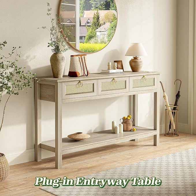 SUPERJARE Rattan Console Sofa Table with Outlets and USB-C Port, 3 Drawer Entryway Table with Synthetic Rattan Surface, Open Shelf, Behind Couch Entry Foyer Hallway Storage, Light Gray