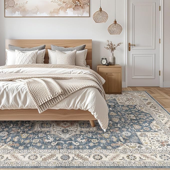 Vintage Living Room Area Rug 8x10 - Large Soft Washable Oriental Traditional Distressed Farmhouse Rugs for Bedroom - Indoor Floor Accent Carpet for Home Office House Decor - Vintage Blue