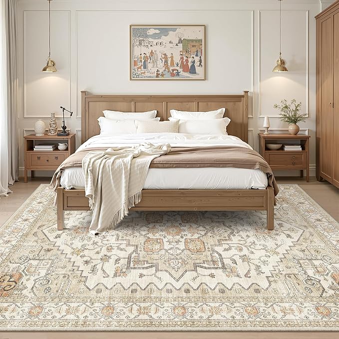 befbee Washable Rugs 10x14 Area Rugs for Living Room,Rugs for Bedroom,Ultra Soft Living Room Bedroom Large Carpe,Low Pile Vintage Print Rug for Home Office Decor (10'x 14',Gold)