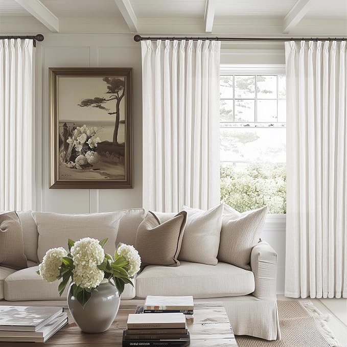 Extra Wide Pinch Pleat Curtains 84 Inches Long for Patio Sliding Glass Door Ivory Linen 60 Inch Wide Curtain Memory Trained Pleated Drapes with Hooks Rings Semi Sheer 60x84 Curtain for Large Window