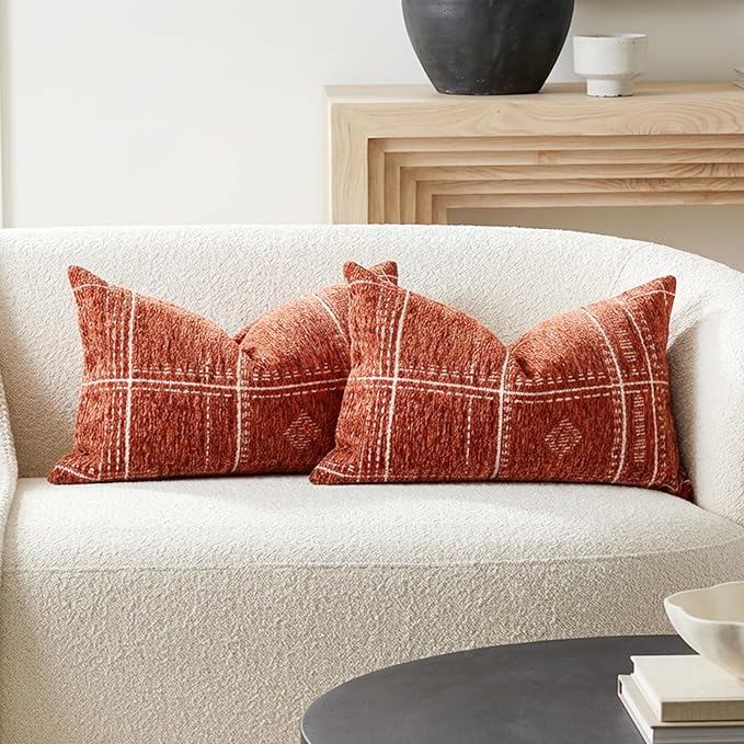 BlissBlush Decorative Lumbar Pillow Covers 12x20 Set of 2, Terracotta Rust Red Boho Textured Chenille Accent Rectangular Throw Pillow Covers for Couch Sofa Living Room Home Décor (Cover Only)