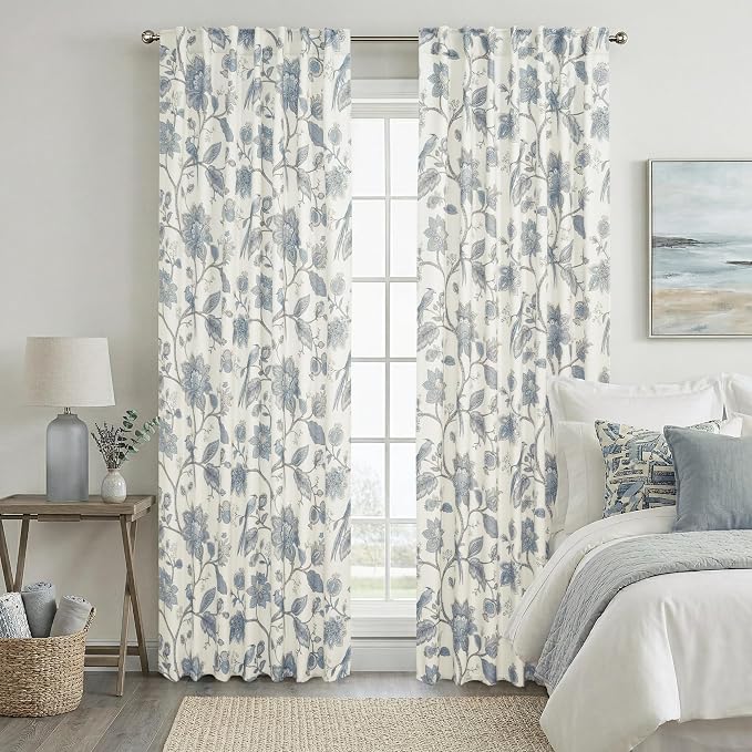 Light Blue and White Curtains,Dusty Sky Blue Grey Floral Toile French Country 70% Blackout Grandmillennial Grand Millenial Beachy Coastal Curtains for Bedroom Living Room 84 Inch Length 2 Panels Set