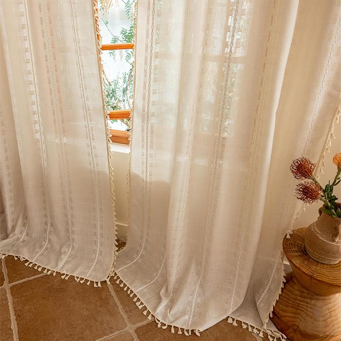 Natural Boho Curtains 2 Panel Set for Living Room Dining room Floor to Ceiling, Light Filtering Tassels Privacy Country Vintage Embroidery Bohemian Stripes Window Treatment Back Tab, 50" x 108"