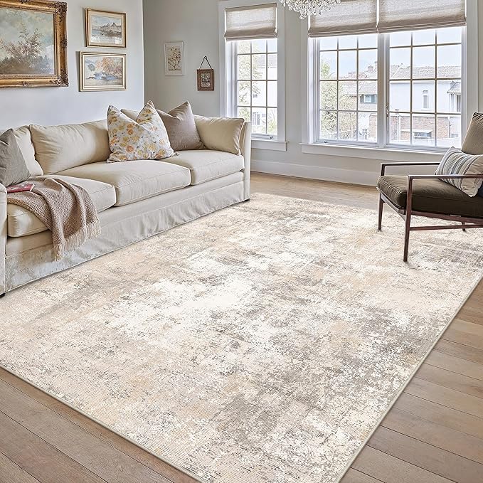 9x12 Washable Area Rug Beige Grey Abstract Non Slip Soft Low Pile Rug for Living Room Bedroom Dining Room Office Neutral Modern Indoor Large Throw Carpet for Home Decor