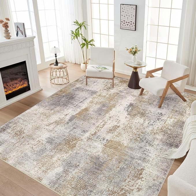 DMOYEST Area Rug Living Room Rugs - 10x12 Washable Large Soft Indoor Neutral Modern Abstract Low Pile Rug Carpet for Bedroom Dining Room Farmhouse Home Office - Brown Grey