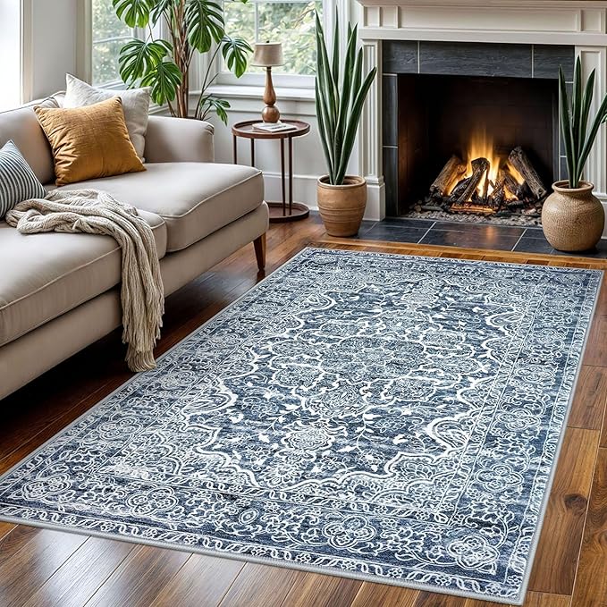 KUTA Modern Floral Area Rug 4x6 Living Room, Washable Printed Vintage Distressed Tribal Blue White Rugs, Non-Slip Dining Room Carpet, Soft Low Pile Cozy Boho Farmhouse Throw for Bedroom