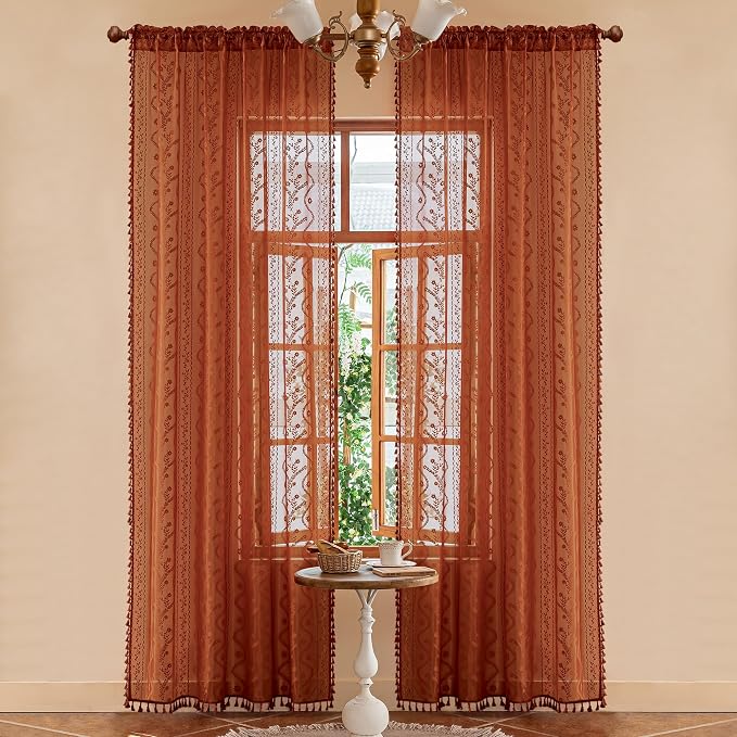 WAZZIO Boho Lace Curtains 84 Inch 2 Panels-Vintage Sheer Panel Drape Floral Pattern & Tassel Light Filtering Privacy for Bedroom Dining Living Room,Cottage Earthy Full Decor Terracotta,W52 x 84L