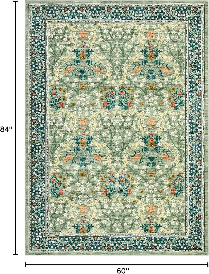 GarveeHome Floral Area Rugs 5x7, Sage Green Washable Rug for Living Room, Bedroom, Low Pile Non Slip Stain Resistance Indoor Boho Carpet Mat for Farmhouse, Dining Room, Office