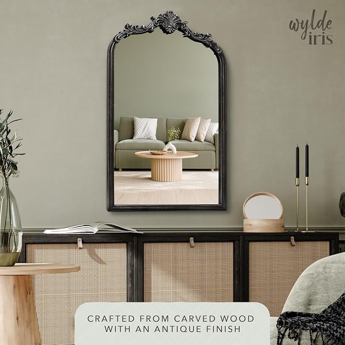 Wylde Iris English Estate Carved Arch Wood Wall Mirror, Mirror for Entryway, Living Room, Bathroom, Distressed Black, 20.4x33