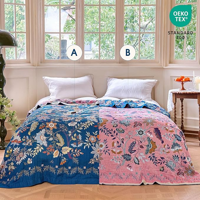 Boho Throw Blanket - 100% Cotton Ultra Soft Muslin Spring Blanket, 60"x80" Lightweight Floral Butterfly Framhouse Bedding Blanket for Bed, All Season Blue Bohemian Bedroom Home Decor Quilt