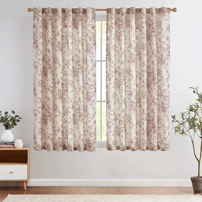 jinchan Linen Blend Curtain Floral Curtains for Living Room 63 Inch Length Farmhouse Brick Red Printed Curtain Rod Pocket Back Tab Peony Flower Patterned Drapes Curtains Set 2 Panels