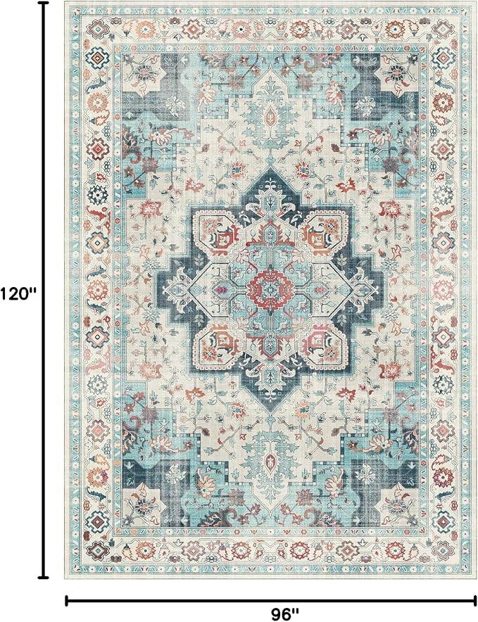 GENIMO 8x10 Area Rugs for Living Room, Machine Washable Non Slip Rugs, Low Pile Lightweight Vintage Print Rug for Bedroom, Dining Room, Home Office, Turquoise & White