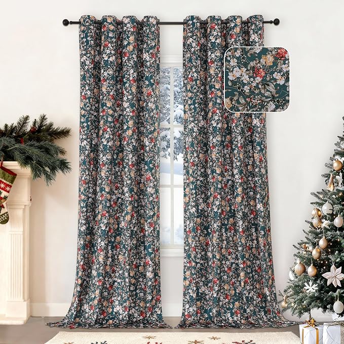 Estelar Textiler Green Velvet Blackout Curtains 108 Inches Long for Bedroom, Soft Elegant Boho Floral Printed Curtains for Living Room, Thermal Insulated Room Darkening Window Grommet Drapes, 52Wx108L