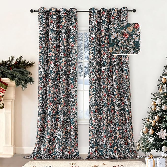 Estelar Textiler Green Soft Velvet Blackout Curtains 90 Inches Long for Bedroom, Vintage Boho Floral Printed Grommet Thermal Insulated Window Drapes for Living Room/Farmhouse, 52Wx90L Inch, 2 Panels