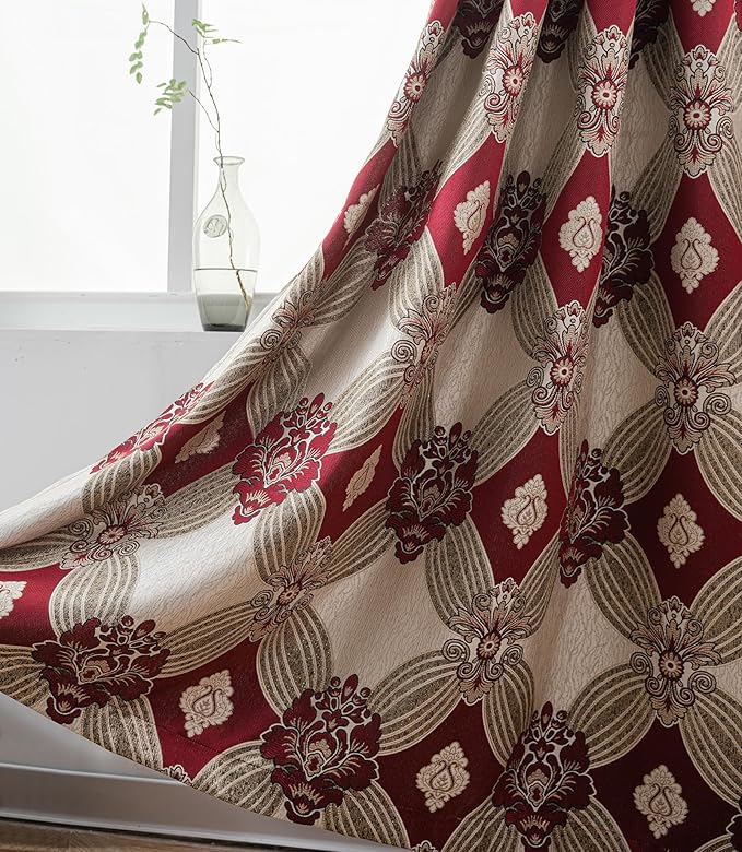 Petrichor Elegant Curtains with Gold Silver Threads 2 Panels Set - Luxury Window Treatment Attached Valance, Sheer Backing, and 2 Tie Backs for Bedroom and Living Room, 54x84 inches, Burgundy