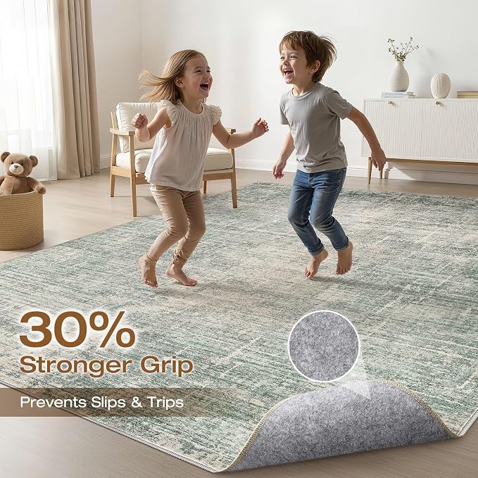 4x6 Rug Washable Area Rugs: Neutral Abstract Soft Modern Stain Resistant Small Indoor Floor Non-Slip Low Pile Throw Carpet for Entryway Kitchen Bedroom Nursery Kids Office Playroom Home House- Green